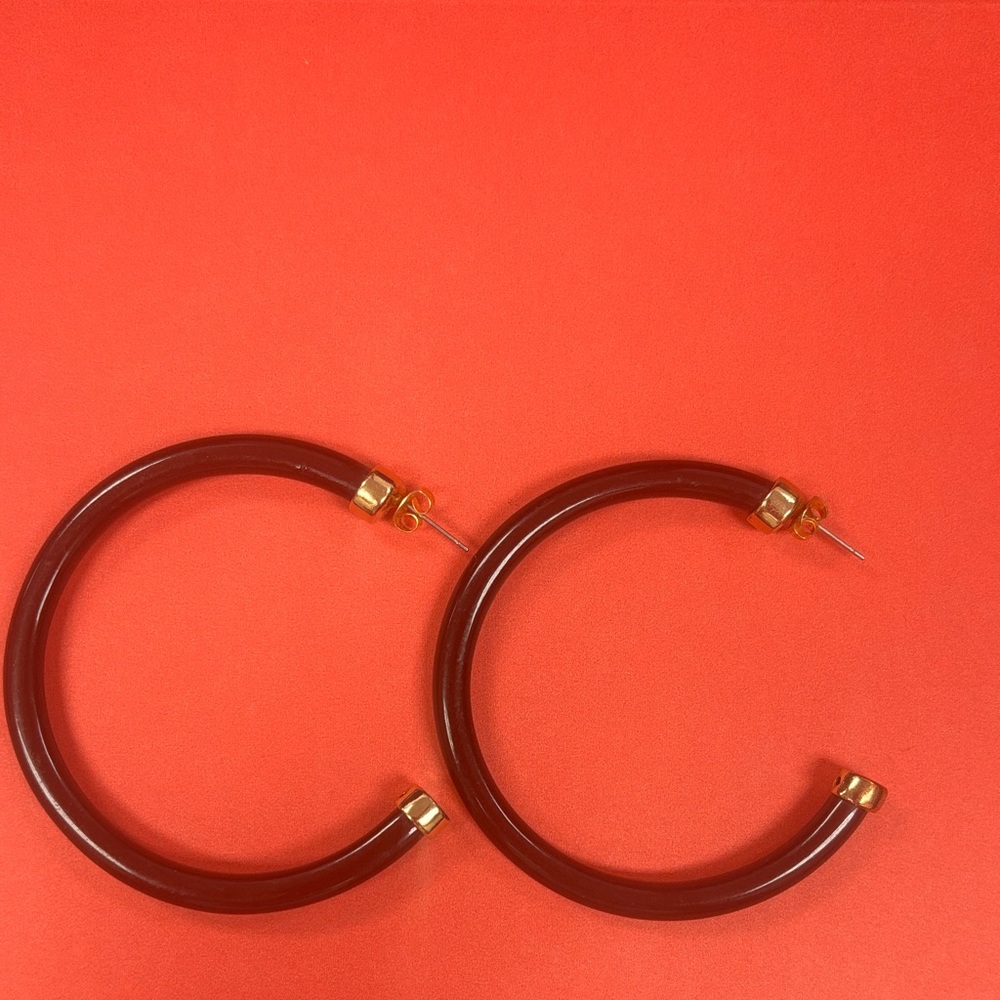 HOO  Black acrylic Hoop Earrings with Gold Accents. Hypoallergenic post.